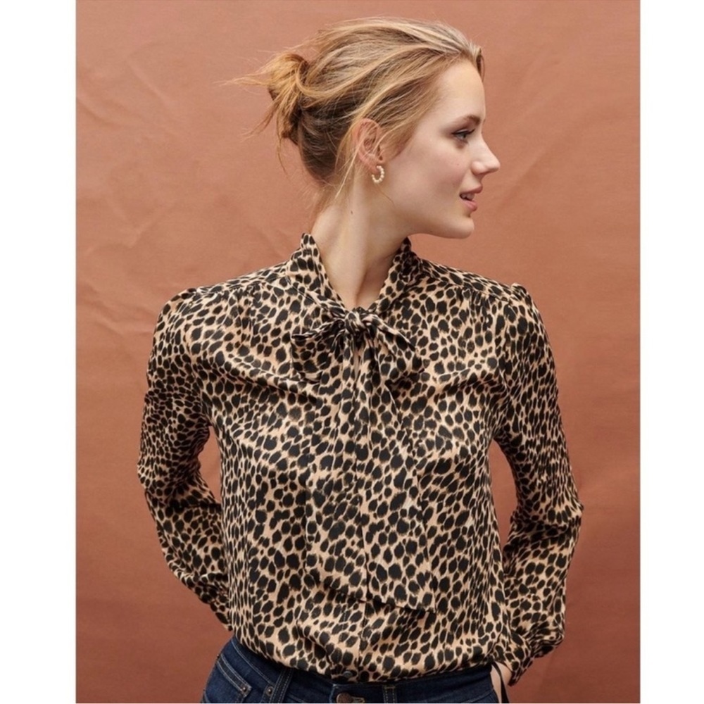 NEW J. Crew Drapey Tie-Neck Long-sleeve Button Down Top in Brown Leopard small